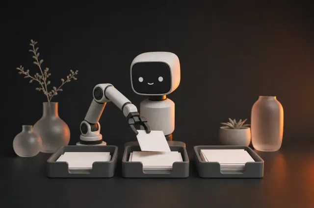 Een kleine robotarm die enveloppen in bakjes sorteert