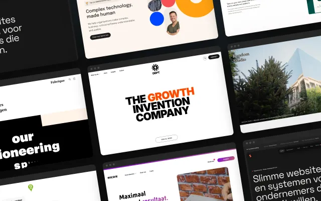Een wand met de homepages van Dept en zeven alternatieven