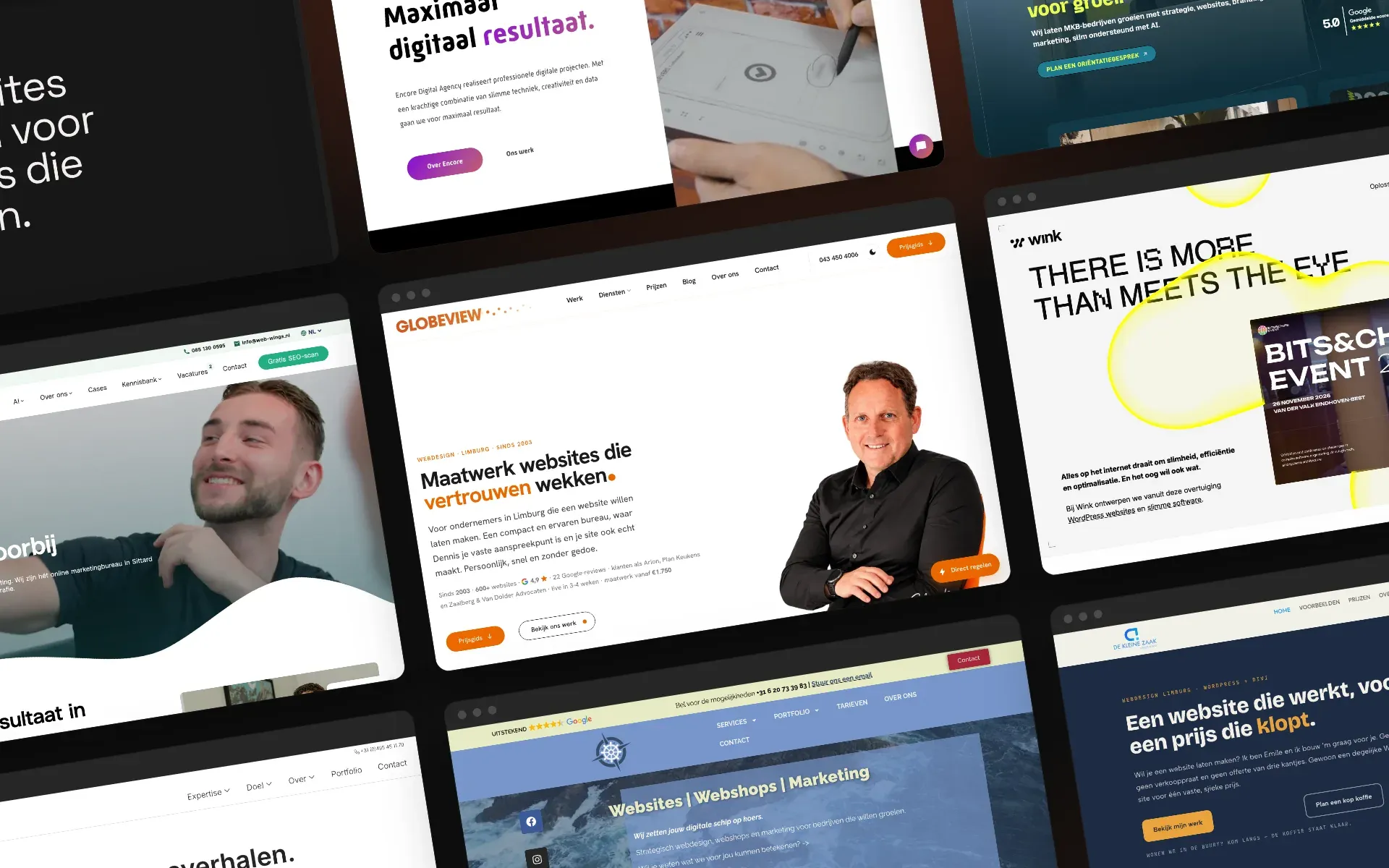 Een wand met de homepages van de negen webdesignbureaus uit de Limburgse shortlist