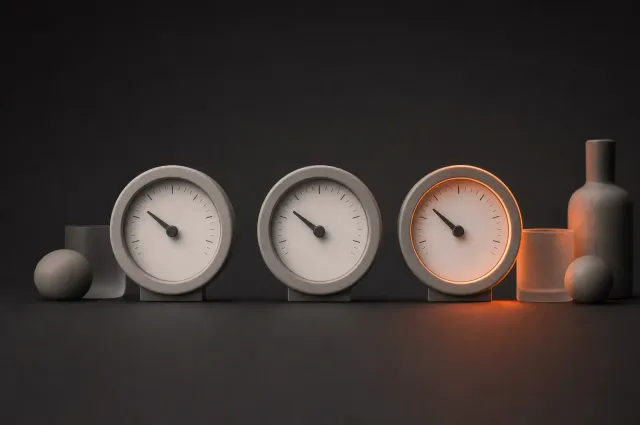 Drie analoge meters naast elkaar, de naalden in het rustige gebied