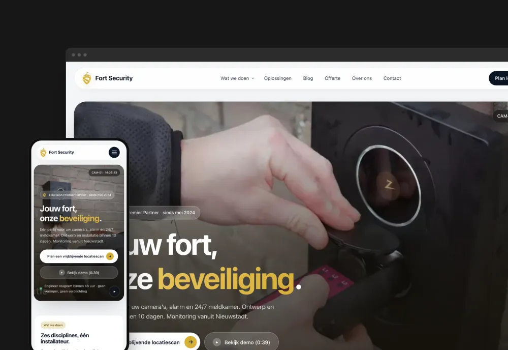 Homepage van Fort Security met de kop 'Jouw fort, onze beveiliging' en de knop voor een vrijblijvende locatiescan, getoond in browser- en telefoonweergave