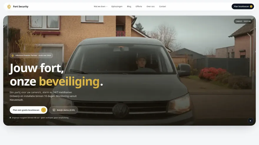 Homepage van de website van Fort Security met hero-video en offerte-aanvraag