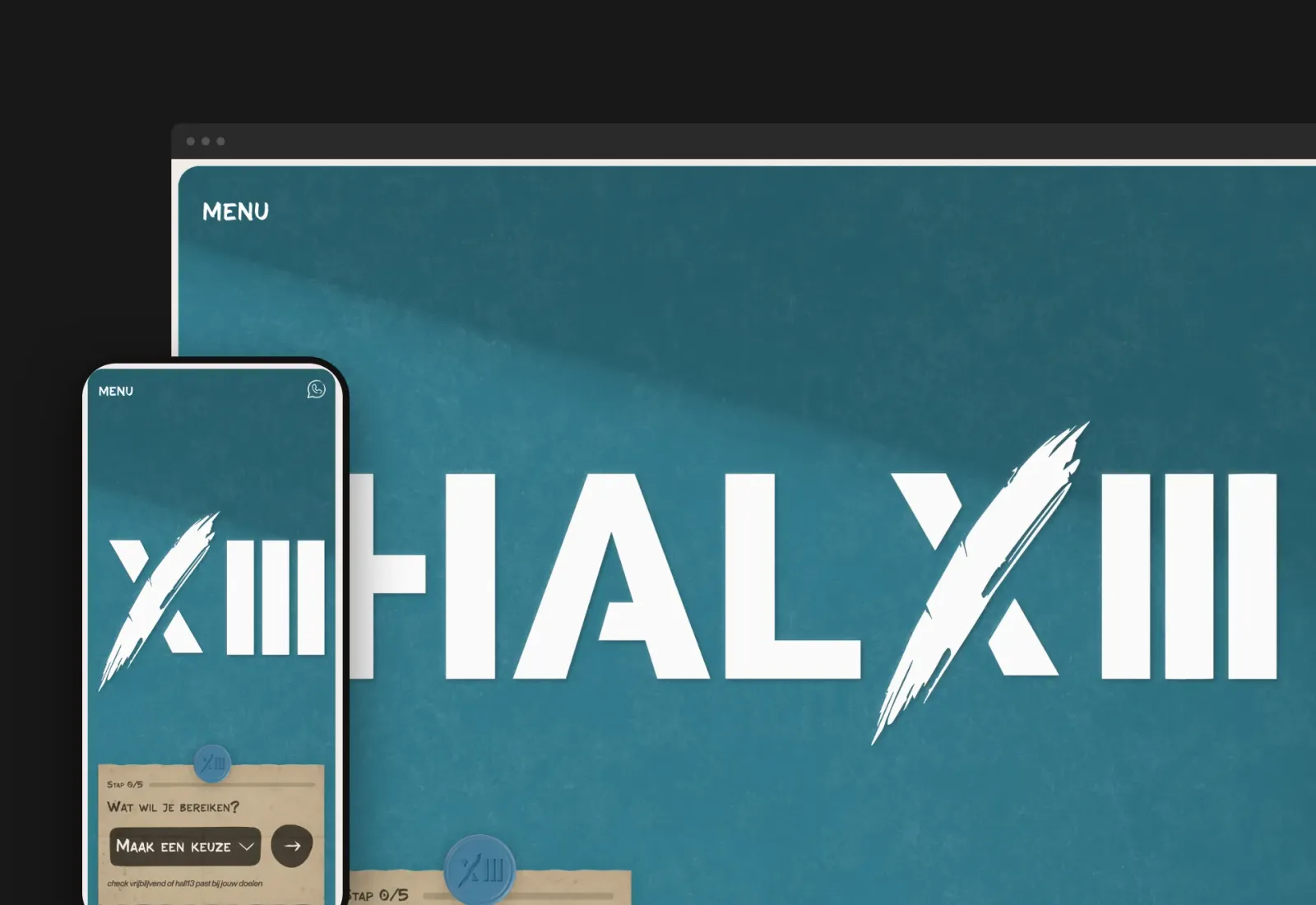 Homepage van Hall XIII met het grote HAL XIII-logo op een blauwe wand en de intakekaart 'Wat wil je bereiken?', getoond in browser- en telefoonweergave