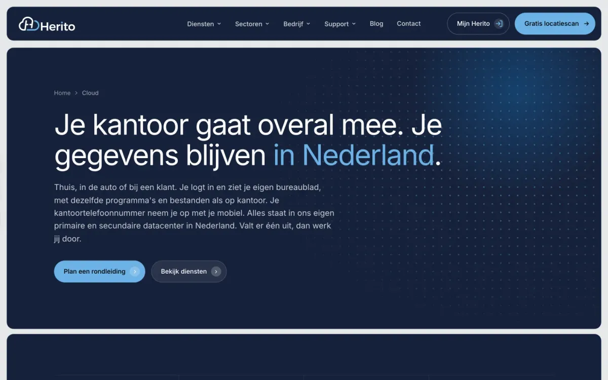 Pagina Herito Cloud met de kop 'Je kantoor gaat overal mee. Je gegevens blijven in Nederland.'