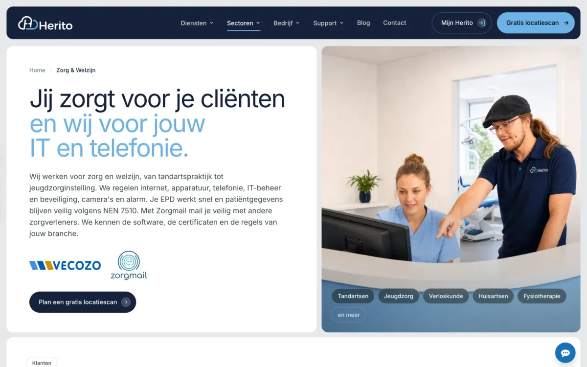 Sectorpagina Zorg & Welzijn van Herito met de kop 'Jij zorgt voor je cliënten en wij voor jouw IT en telefonie' en een foto van een Herito-medewerker bij een tandartsbalie