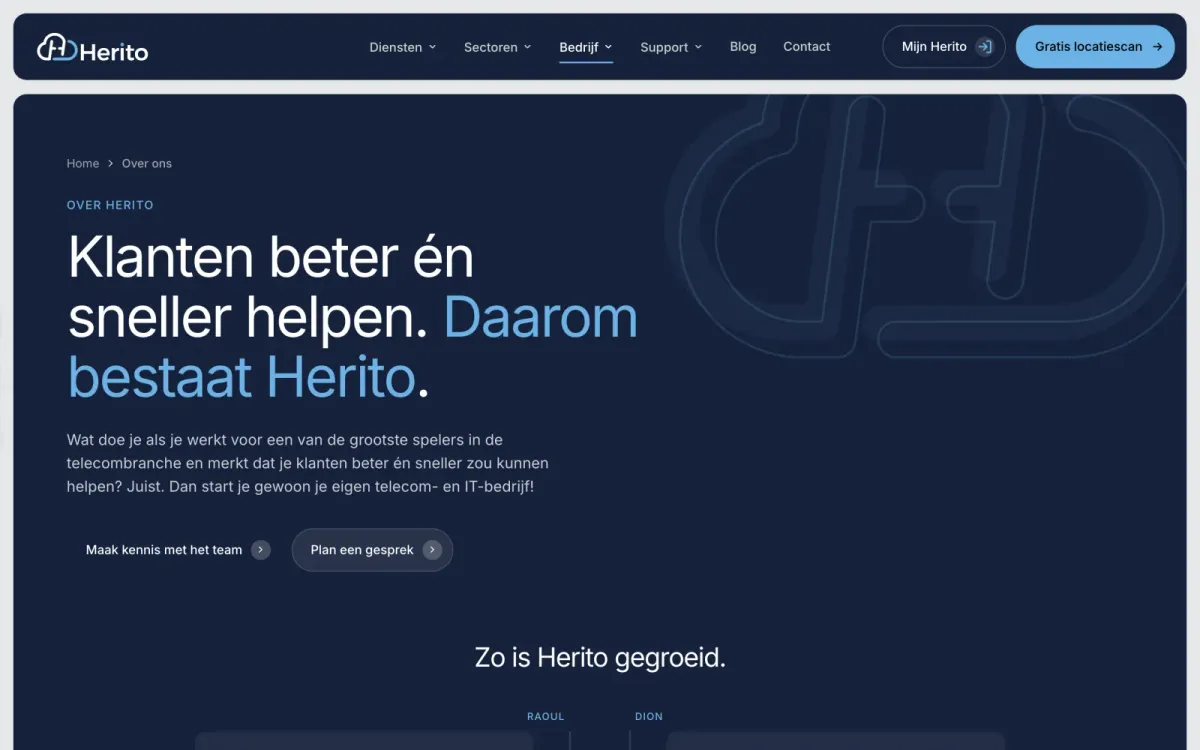 Over-ons-pagina van Herito met de kop 'Klanten beter én sneller helpen. Daarom bestaat Herito.' en het logo als lijntekening op de achtergrond