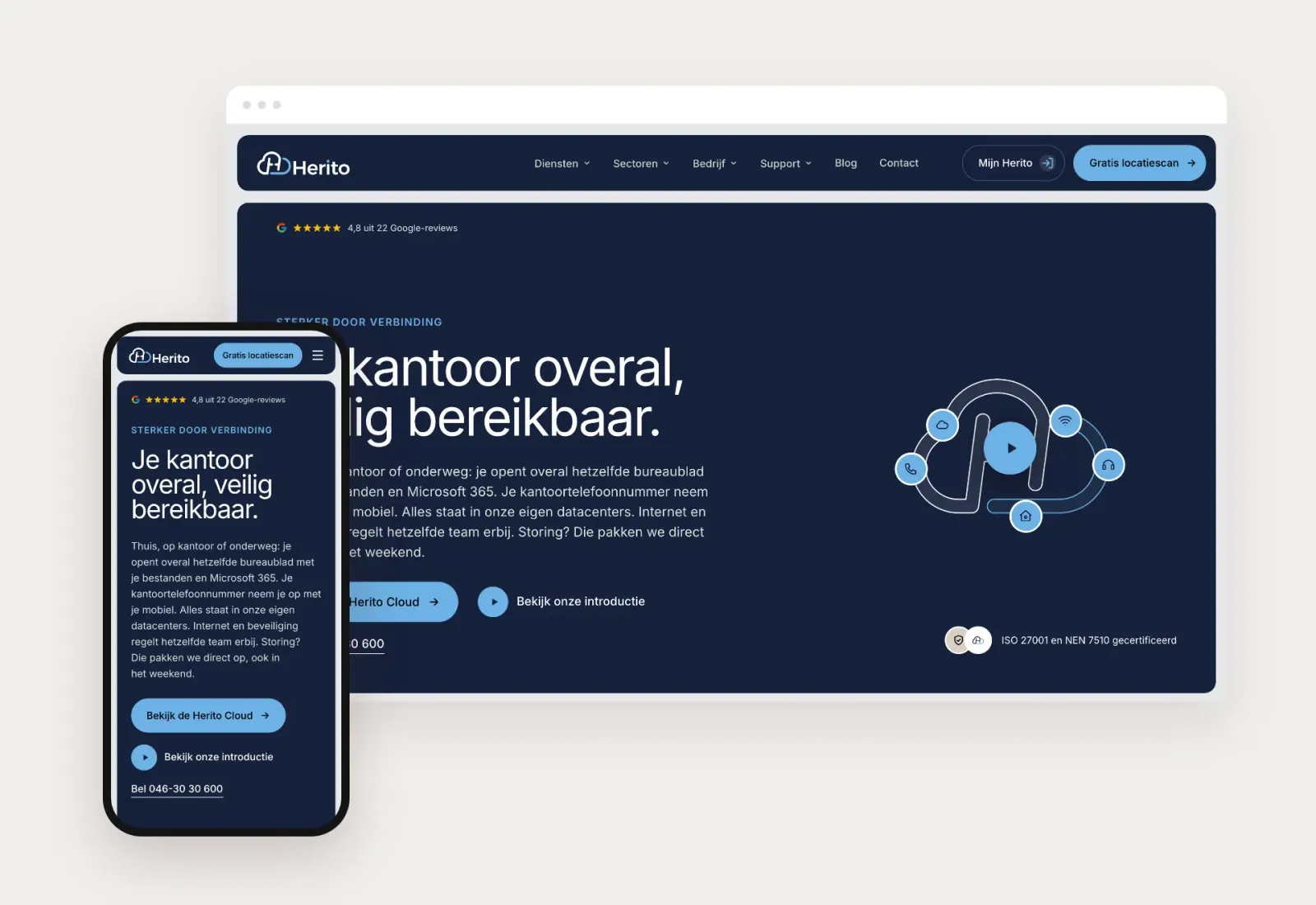 Homepage van Herito met de kop 'Je kantoor overal, veilig bereikbaar.' en de knop voor een gratis locatiescan, getoond in browser- en telefoonweergave