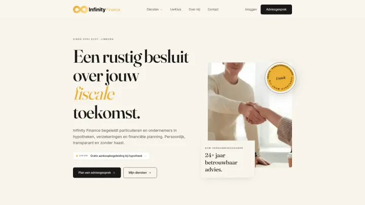 Homepage van de website van Infinity Finance