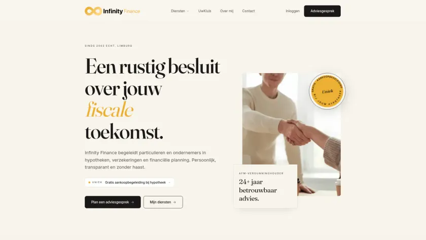 Homepage van de website van Infinity Finance