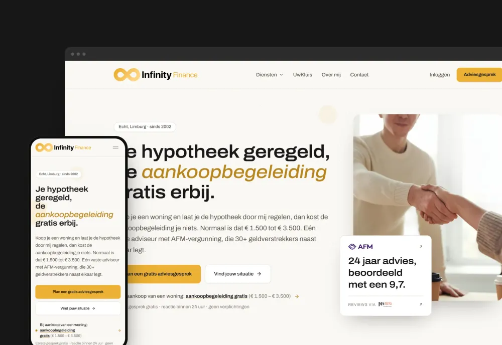 Homepage van Infinity Finance met de kop 'Je hypotheek geregeld, de aankoopbegeleiding gratis erbij', getoond in browser- en telefoonweergave