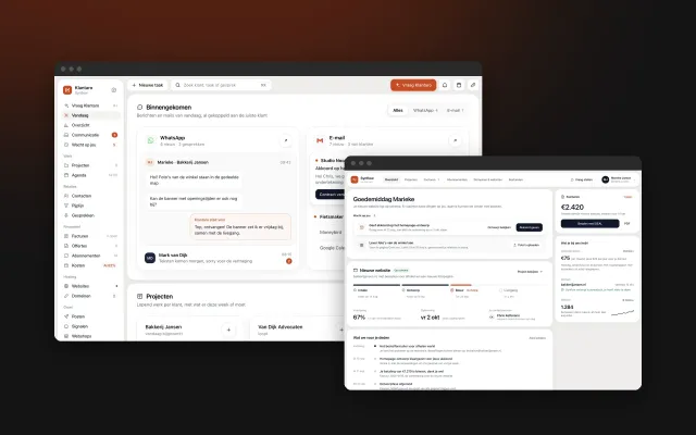 Klantaro 2.0: het scherm Vandaag met de nieuwe zijbalk, met daarvoor het klantenportaal van een bureau