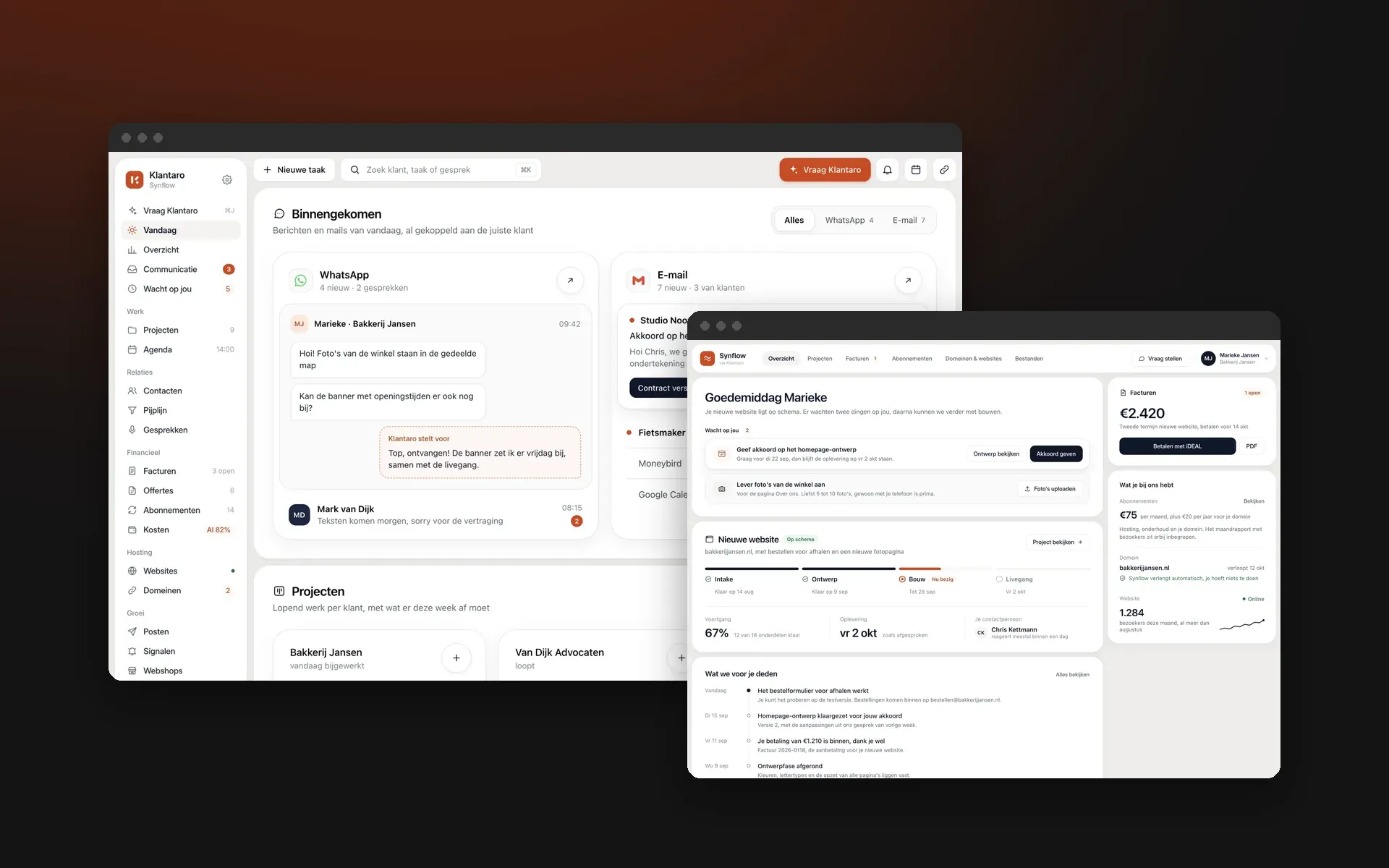 Klantaro 2.0: het scherm Vandaag met de nieuwe zijbalk, met daarvoor het klantenportaal van een bureau