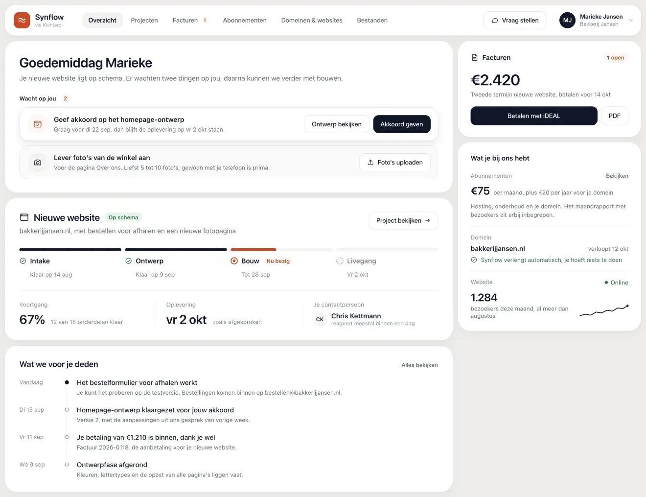 Het klantenportaal: openstaande acties voor de klant, de voortgang van het project, facturen met iDEAL en de abonnementen