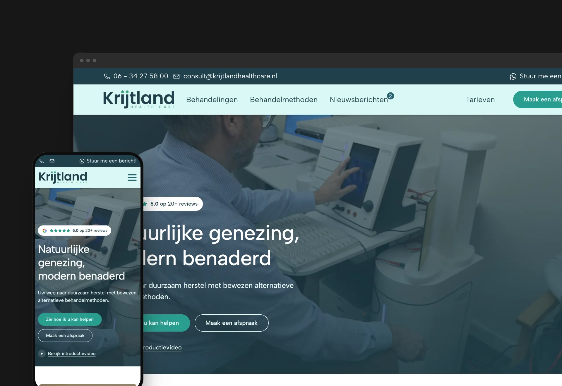 Homepage van Krijtland Healthcare met de kop 'Natuurlijke genezing, modern benaderd' en de knop 'Maak een afspraak', getoond in browser- en telefoonweergave