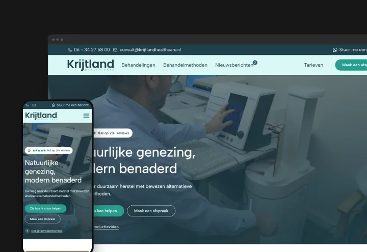 Homepage van Krijtland Healthcare met de kop 'Natuurlijke genezing, modern benaderd' en de knop 'Maak een afspraak', getoond in browser- en telefoonweergave
