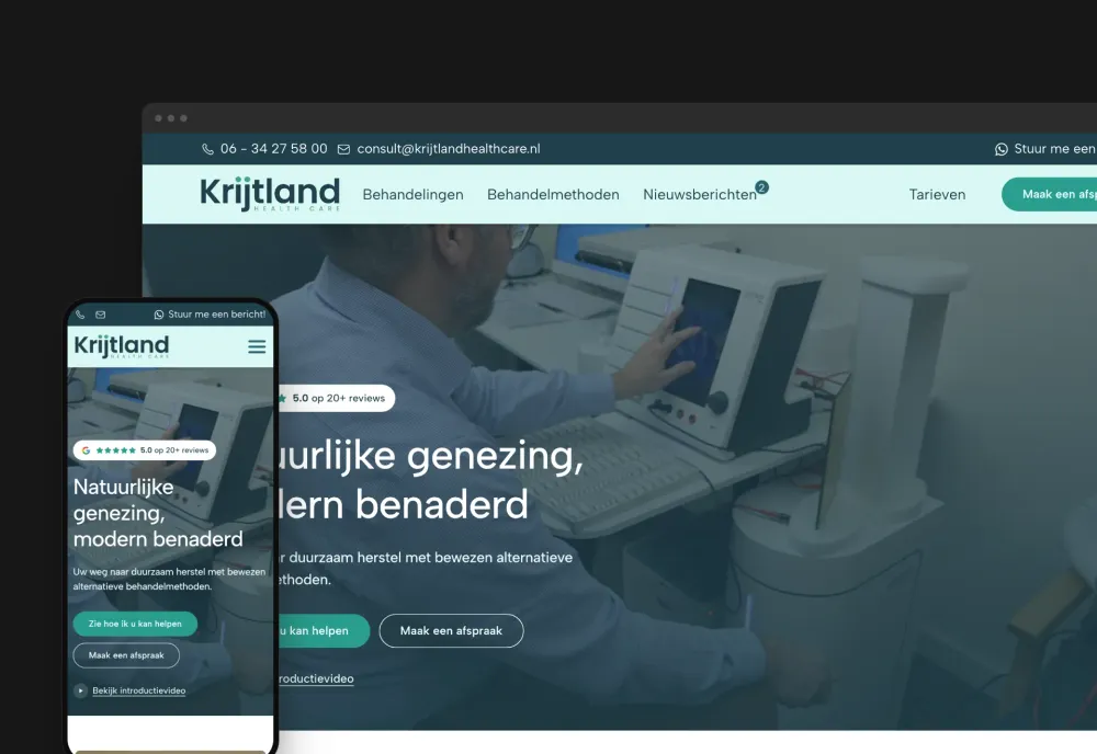 Homepage van Krijtland Healthcare met de kop 'Natuurlijke genezing, modern benaderd' en de knop 'Maak een afspraak', getoond in browser- en telefoonweergave