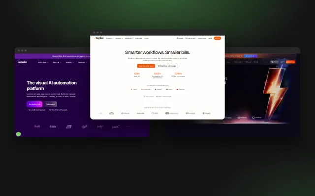 De homepages van Make, Zapier en n8n naast elkaar