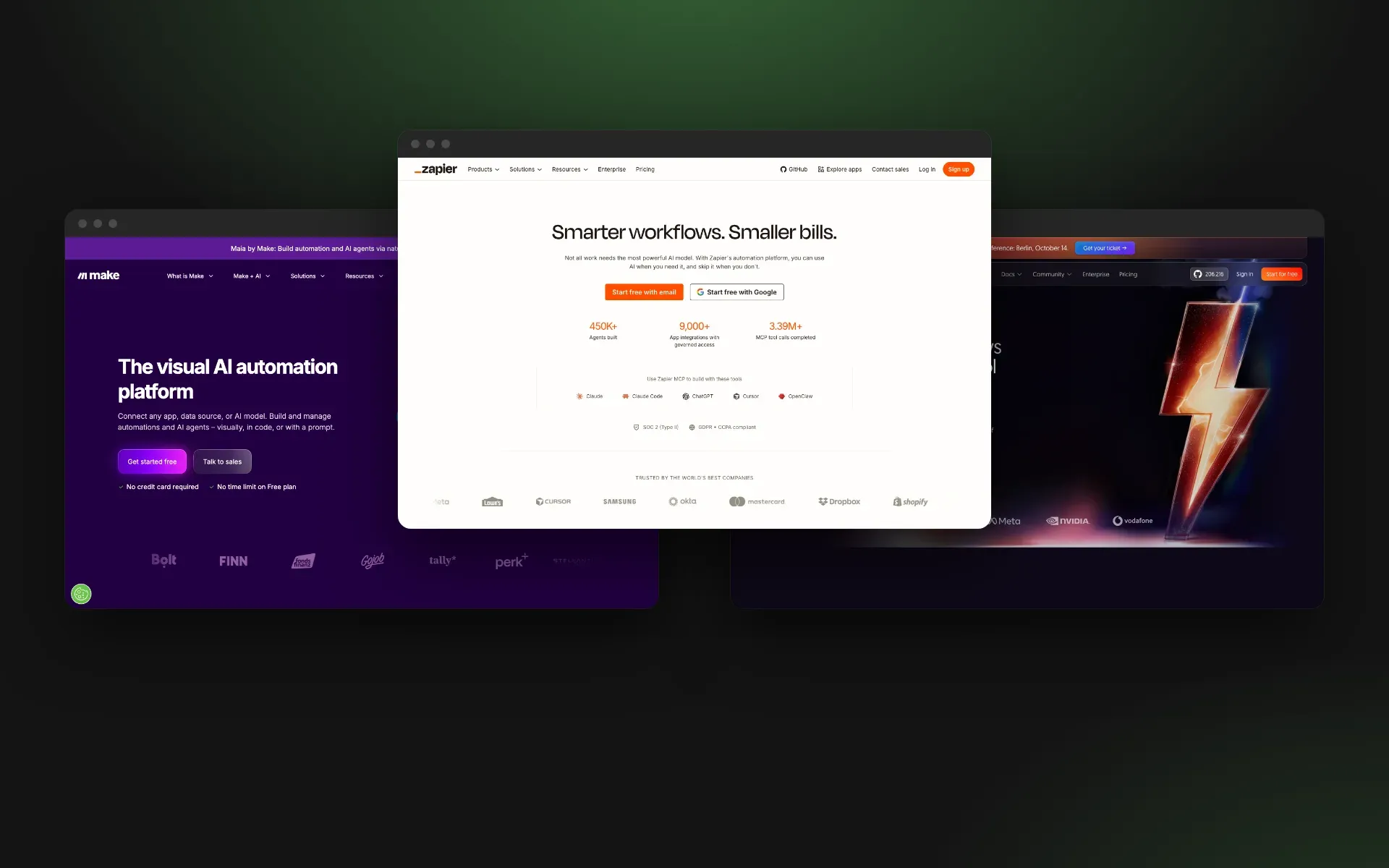 De homepages van Make, Zapier en n8n naast elkaar