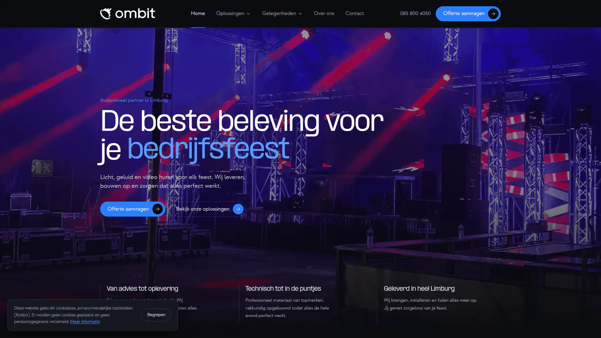 Homepage van de website van Ombit met filmische hero en de tekst 'De beste beleving voor je bedrijfsfeest'