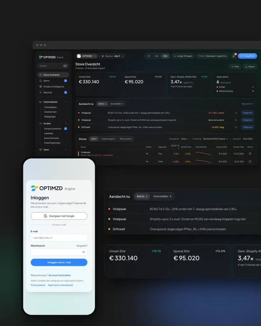 Store Overzicht in OPTIMZD Engine met omzet, spend, ROAS en open alerts per webshop, naast het inlogscherm op een telefoon