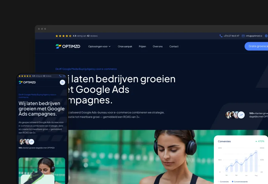 Homepage van OPTIMZD met de kop 'Wij laten bedrijven groeien met Google Ads campagnes', getoond in browser- en telefoonweergave
