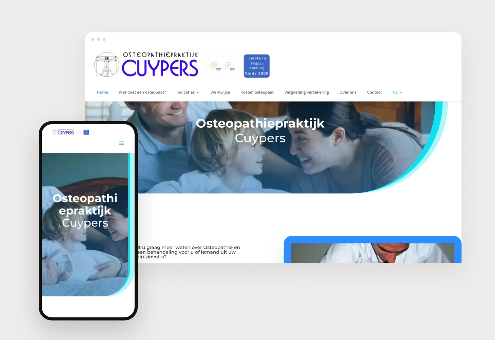 Homepage van Osteopathiepraktijk Cuypers met het Vitruvius-logo, het menu met indicaties, werkwijze en vergoeding, en een foto van een ouder met kinderen onder de kop 'Osteopathiepraktijk Cuypers', getoond in browser- en telefoonweergave