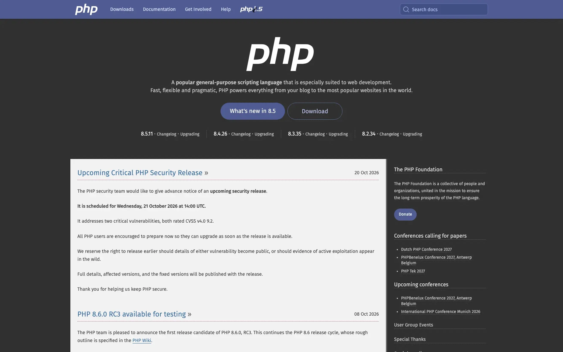 De homepage van php.net met de aankondiging van de kritieke PHP-securityrelease van 21 oktober 2026
