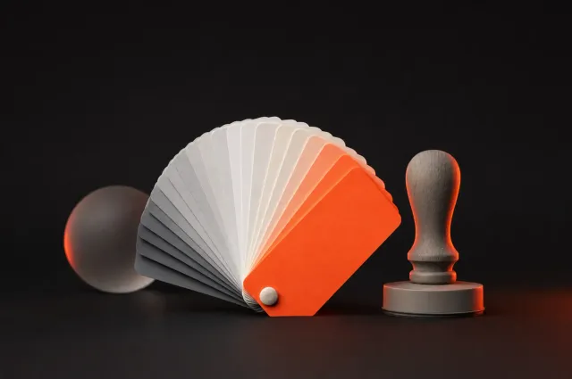 Een waaier kleurstalen van grijs naar oranje naast een stempel