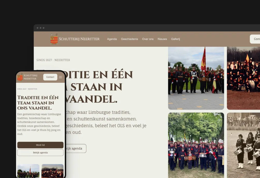 Homepage van Schutterij Neeritter met de kop 'Traditie en één team staan in ons vaandel' en een fotogalerij van de vereniging, getoond in browser- en telefoonweergave
