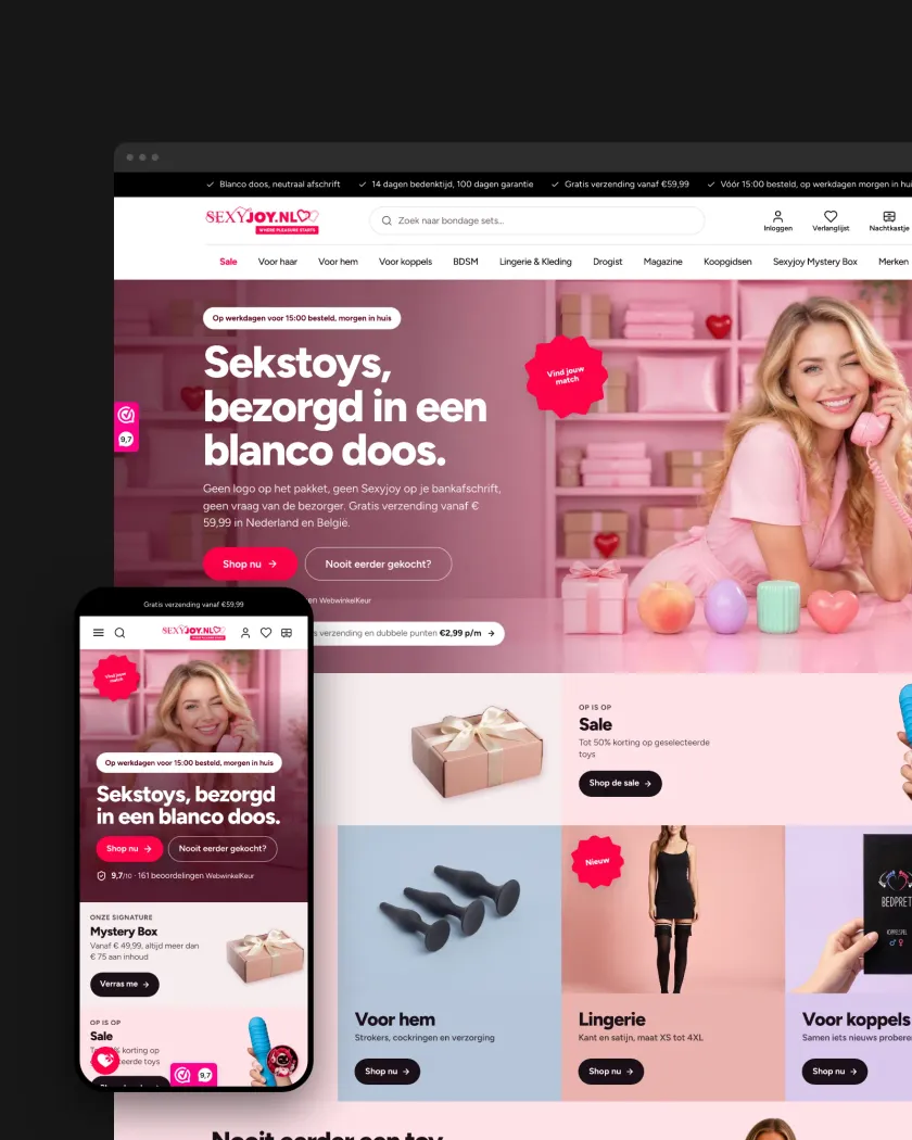Webshop van Sexyjoy met de kop 'Sekstoys, bezorgd in een blanco doos' op een roze fotohero, getoond in browser- en telefoonweergave