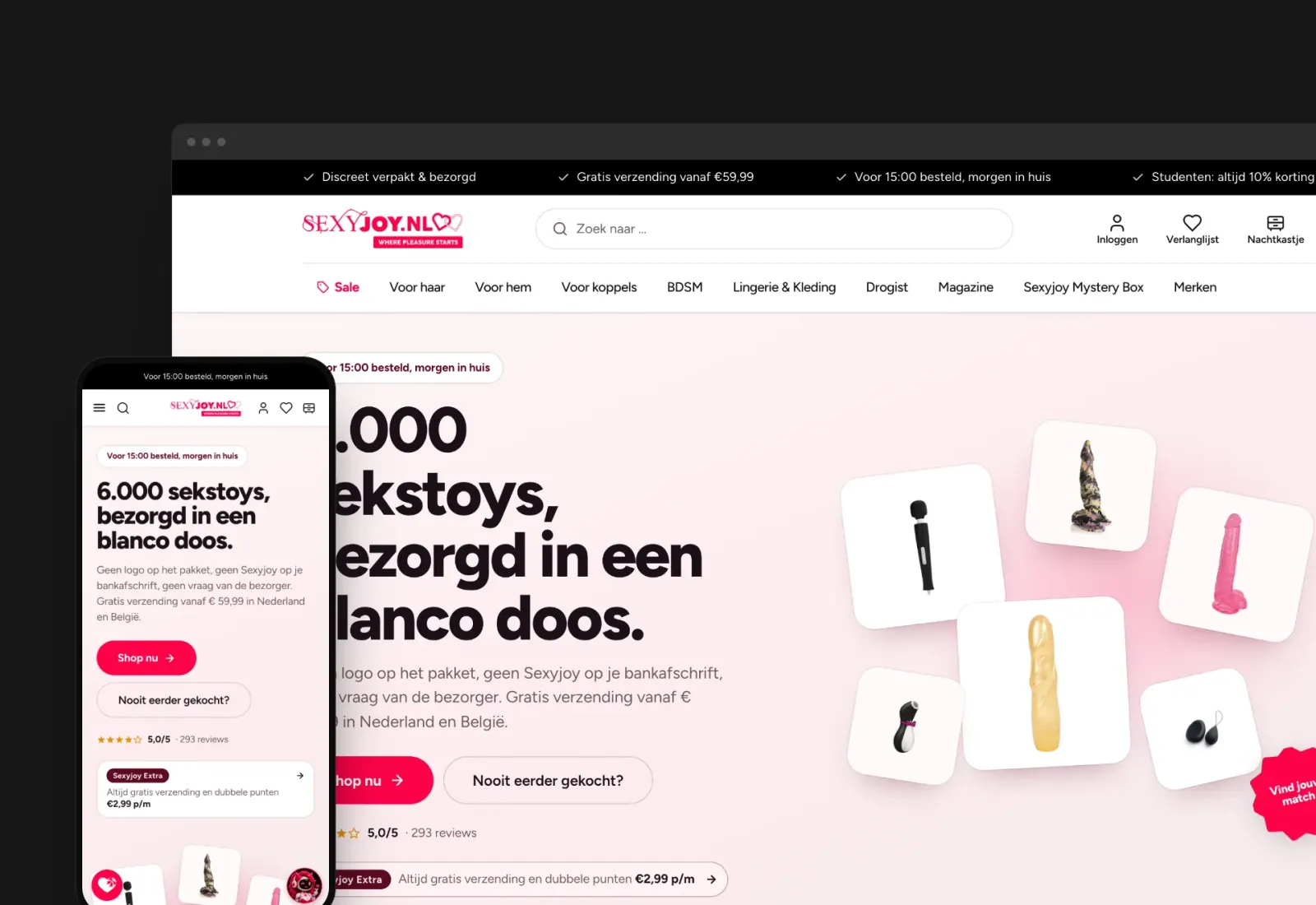 Webshop van Sexyjoy met de kop '6.000 sekstoys, bezorgd in een blanco doos' en een raster van producten, getoond in browser- en telefoonweergave