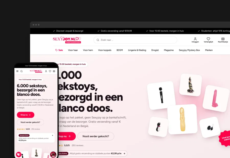 Webshop van Sexyjoy met de kop '6.000 sekstoys, bezorgd in een blanco doos' en een raster van producten, getoond in browser- en telefoonweergave