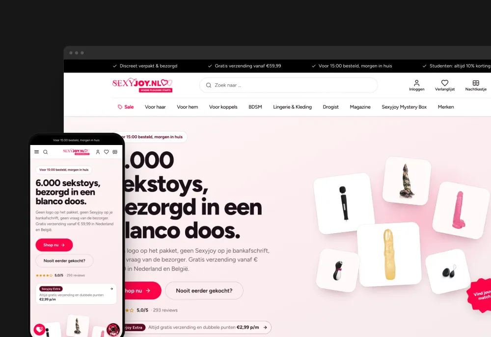 Webshop van Sexyjoy met de kop '6.000 sekstoys, bezorgd in een blanco doos' en een raster van producten, getoond in browser- en telefoonweergave