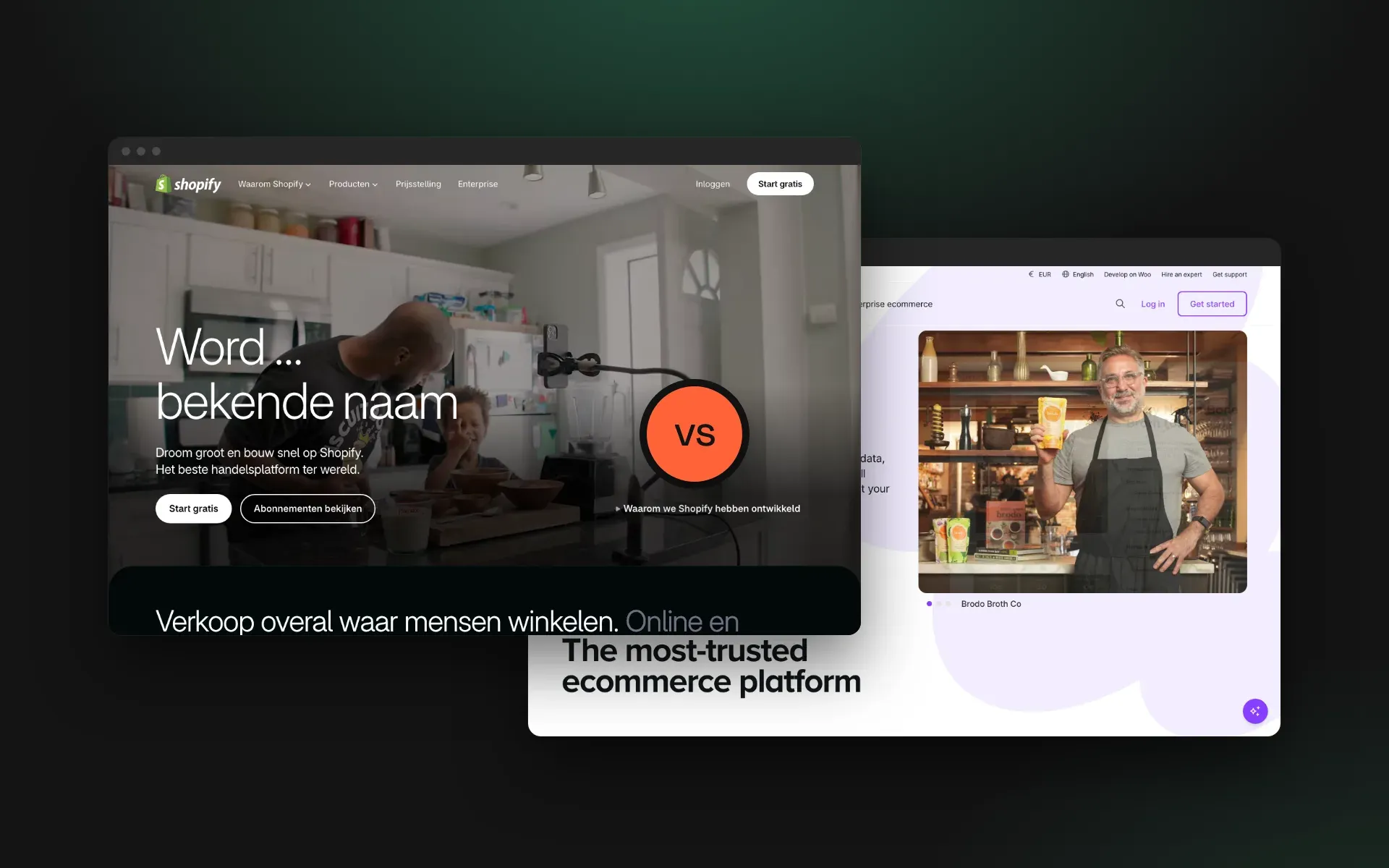 De homepages van Shopify en WooCommerce naast elkaar