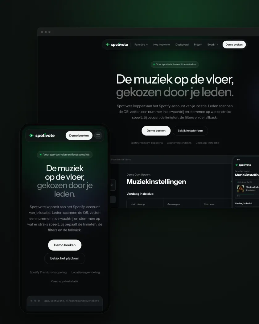 Nieuwe homepage van Spotivote met het play-knoplogo, de kop 'De muziek op de vloer, gekozen door je leden.' en een voorbeeld van het clubdashboard, getoond in browser- en telefoonweergave