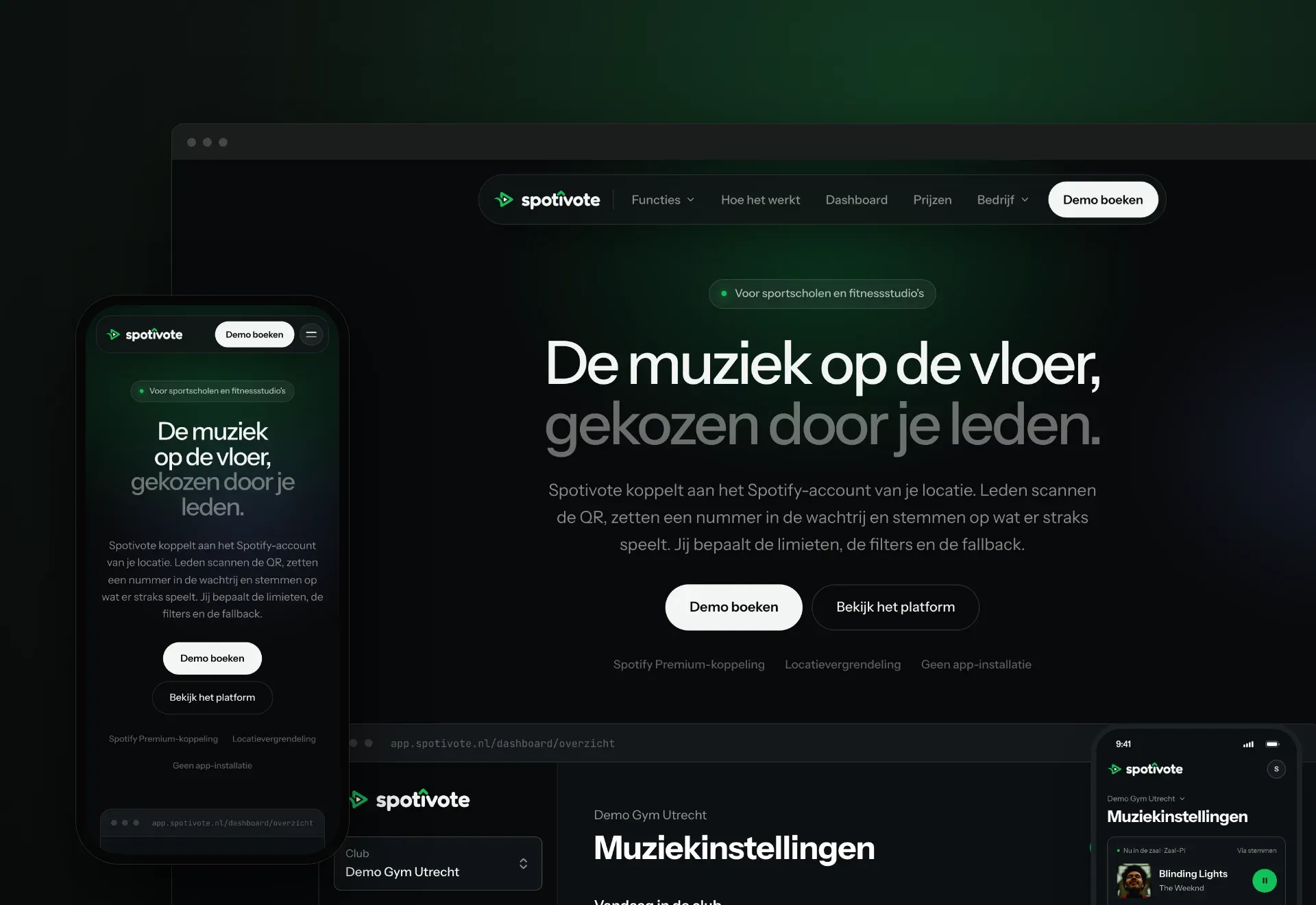De website en het dashboard van Spotivote, waarmee leden de muziek in de sportschool kiezen