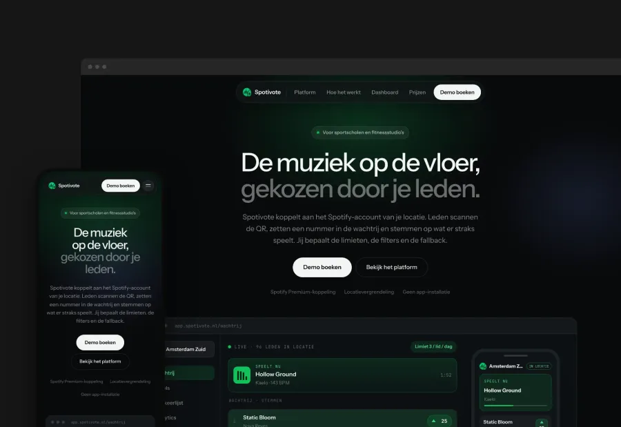 Homepage van Spotivote met de kop 'De muziek op de vloer, gekozen door je leden.' en een voorbeeld van de stemwachtrij, getoond in browser- en telefoonweergave