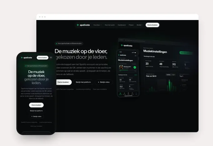 Nieuwe homepage van Spotivote met het play-knoplogo, de kop 'De muziek op de vloer, gekozen door je leden.' en een voorbeeld van het clubdashboard, getoond in browser- en telefoonweergave
