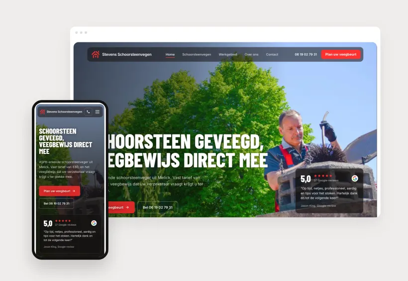 Homepage van Stevens Schoorsteenvegen met de kop 'Schoorsteen geveegd, veegbewijs direct mee', een schoorsteenveger aan het werk op het dak en een 5,0-score uit 37 Google-reviews, getoond in browser- en telefoonweergave