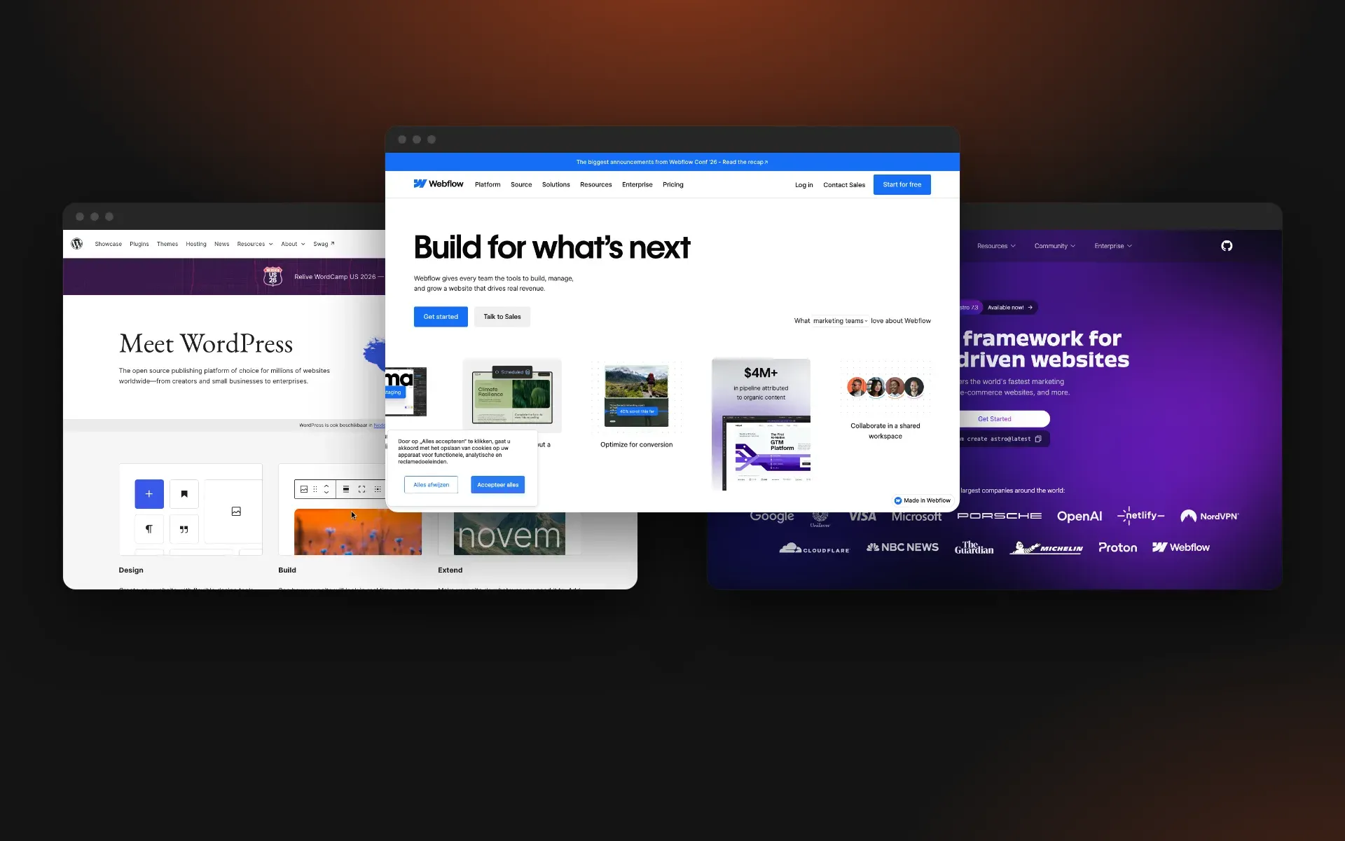 De homepages van WordPress, Webflow en Astro naast elkaar