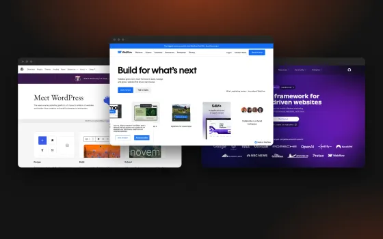 De homepages van WordPress, Webflow en Astro naast elkaar